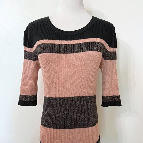 MASSIMO DUTTI BLACK BRONZE GOLD PINK METALLIC STRIPED MIDI RIBBED KNIT DRESS - L - Picture 4 of 7